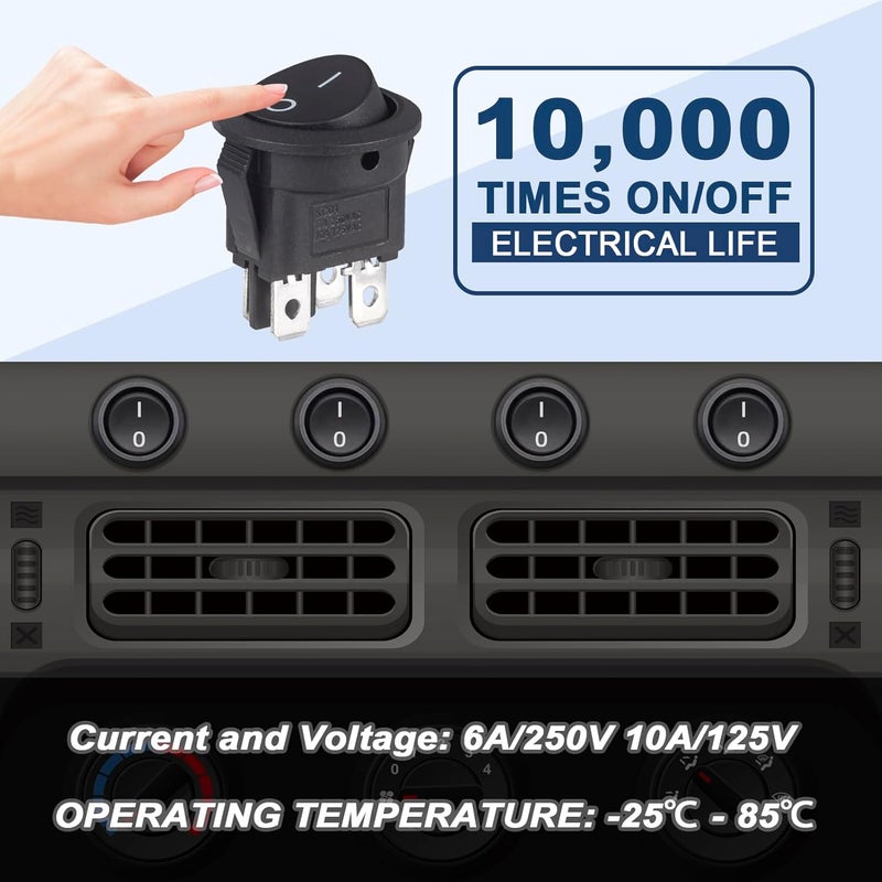 VEXUNGA Round Rocker Switch 4 Pin Circle Switches Square On Off 6A 250V 10A 125V AC Black Round Toggle Switch Square for Car Marine Boat (Pack of 5pcs) - Image 3